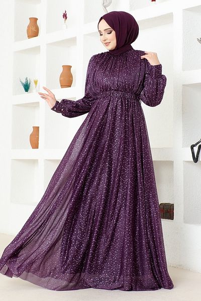 ModaMerve Βραδινό φόρεμα Glitter Tulle ASM2689 Μωβ