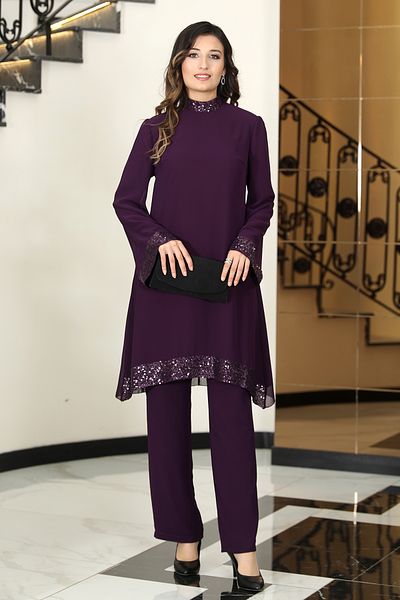 TESETTÜR TASARIM Double Chiffon Set - Sequin Detailed Tunic and Trousers