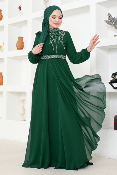 ModaMerve Emerald Chiffon Evening Dress - MSL52885