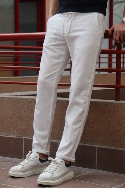 inpool Men's, Waist Lace-up, Standard-fit, Cotton, Linen Woven Trousers