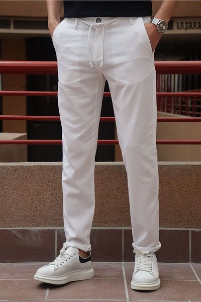 inpool Men's, Waist Lace-up, Standard-fit, Cotton, Linen Woven Trousers