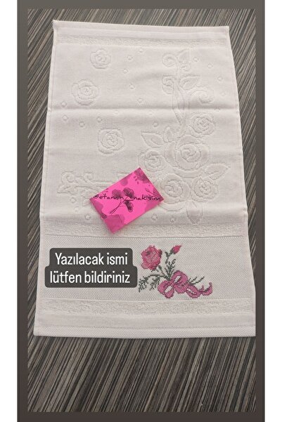 Etamin nakisim Gonca mutfak havlusu isme özel etamin işleme somon renk 30 x 50 cm