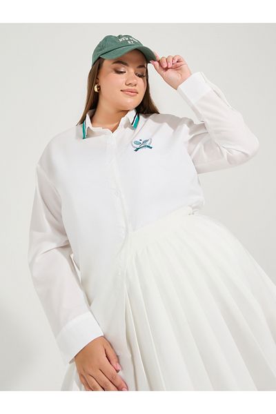 Styli Plus Size Oversized Button Down Shirt with Logo Detail