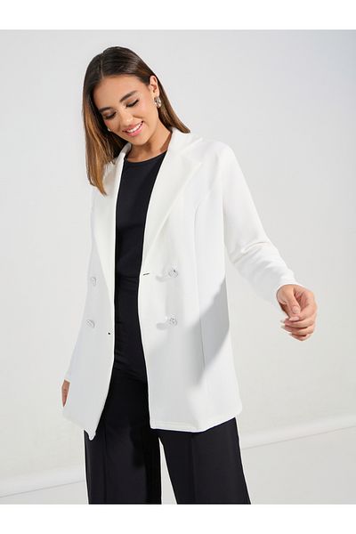 Styli Regular Fit Longline Textured Knit Double Breasted Blazer