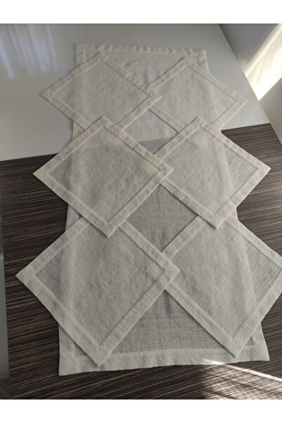 Etamin nakisim Sarra Linen 7 Parça Salon Takımı Runer Ve 6 Adet Peçete Krem Renk
