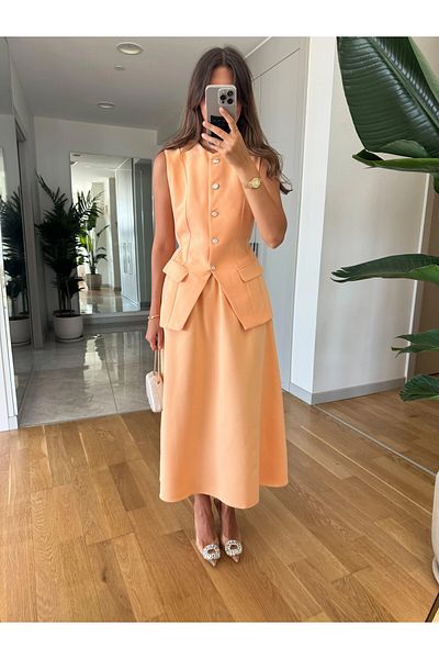 buqre's moda Asymmetrical Vest and Long Skirt Set - Pearl Button Detail