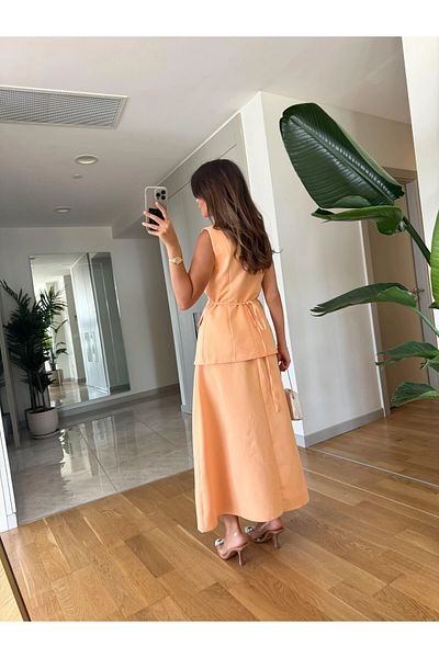 buqre's moda Asymmetrical Vest and Long Skirt Set - Pearl Button Detail