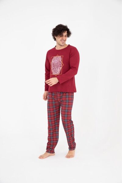 Sudem Erkek Ekose Yazlık Uzun Kollu % 100 Pamuklu Pijama Takımı
