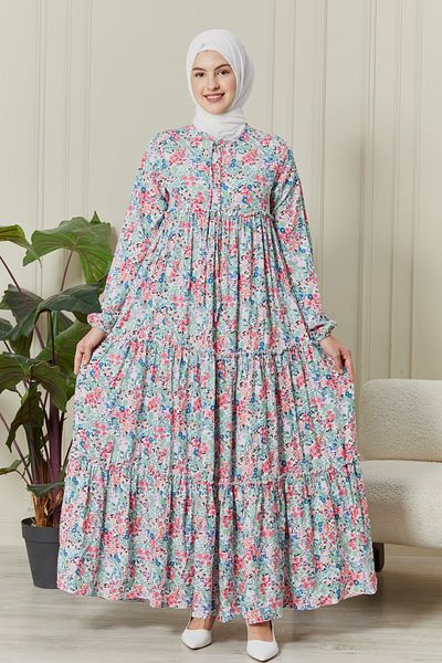 fistan Gypsy Viscose Dress - Layered Skirt, Floral Patterned Hijab Mother Dress and Prayer Dress