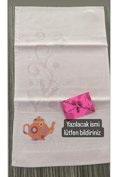 Etamin nakisim Nurpak mutfak havlusu isme özel etamin işleme pembe renk 30 x 50 cm
