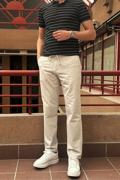 inpool Men's Regular-Fit Cotton Linen Trousers - Adjustable Waist, Old Money Culture 166-1
