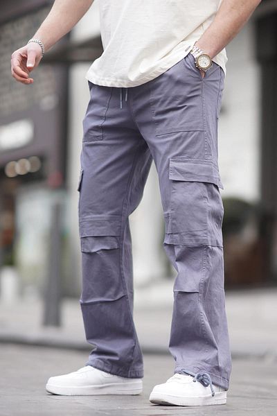 Madmext Geräucherte Herrenhose mit weitem Bein und Cargotasche 6826