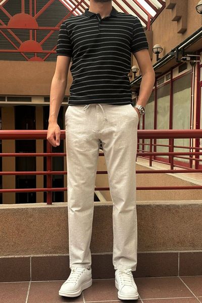 inpool Men's Regular-Fit Cotton Linen Trousers - Adjustable Waist, Old Money Culture 166-1