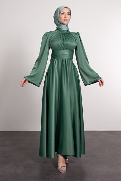 Lamia Giyim Satin Hijab Evening Dress - Spanish Sleeves and Wrapped Waist Design