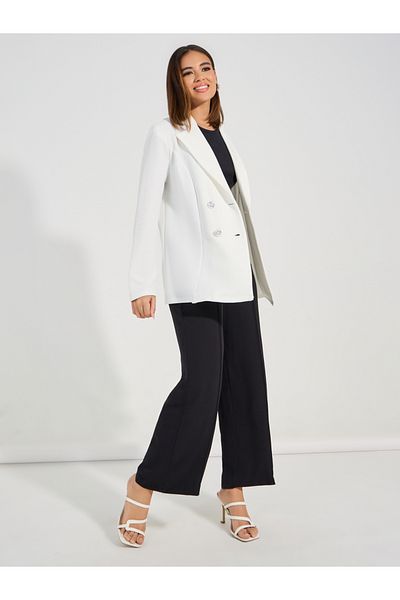 Styli Regular Fit Longline Textured Knit Double Breasted Blazer