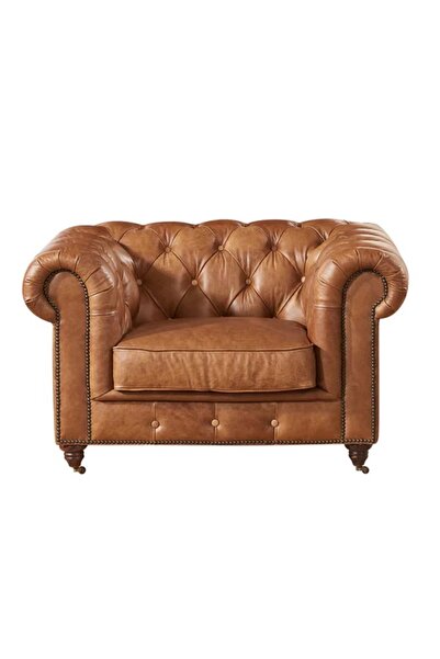 Hanel Mobilya Chester Hakiki Deri Berjer Kahve