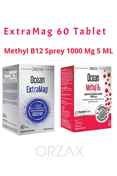 Ocean ExtraMag Üçlü Magnezyum 60 TABLET + Methyl B12 Sprey 1000 Mg 5 ML + Yüz...
