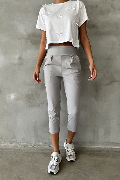 Domoda Gray Pleated, Side Pocket Summer Stretchy Fabric Women's Carrot Trousers @Bolzano