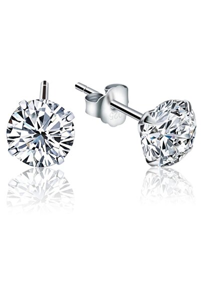 Jewelry For Light 925 Ayar Gümüş, 7mm,beyaz Yuvarlak Kesim (ROUND-BRİLLİANT CUT) Tektaş, Zirkon Küpe