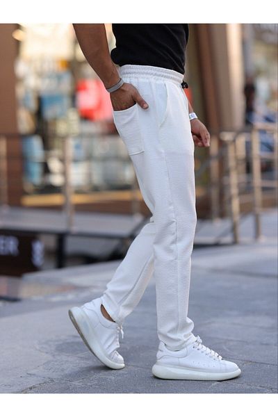 Domoda Ανδρικό λευκό παντελόνι Jogger Slim Fit - ίσιο πόδι, κορδόνι και ελαστική μέση