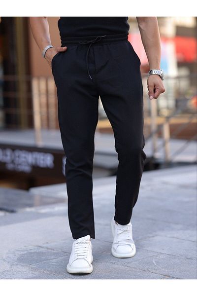 Domoda Μαύρο ανδρικό παντελόνι Jogger - Slim Fit, με κορδόνια και ελαστική μέση