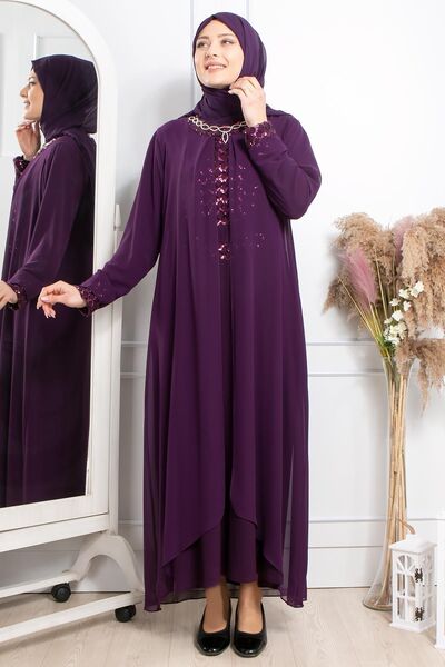 DENİMİNİ Taş Işleme Detaylı Payetli Elbise Mürdüm DNM2301