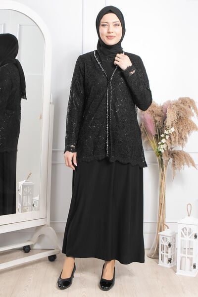 DENİMİNİ Taş Işleme Büyük Beden Tesettür Abiye Siyah DNM2309