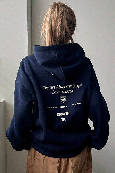 Benisengiydir Navy Blue Oversize Hooded Sweatshirt - Growths Printed
