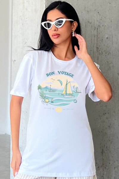 Blah Bon Voyage Štampano Bela Oversize kroj Pamuk Ženska majica - Dizajn vešt...