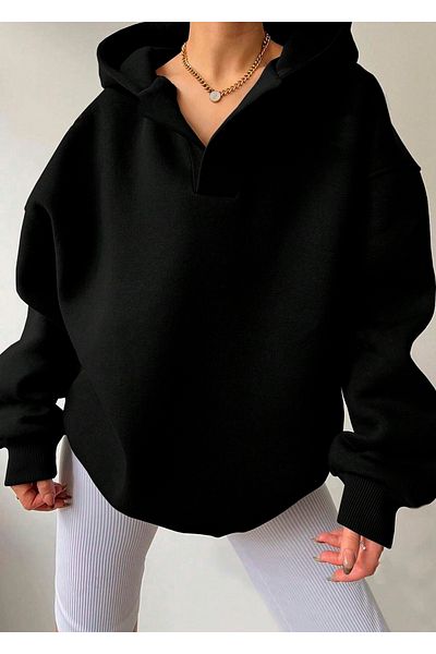 Benisengiydir Black Oversize Hooded Women's Sweatshirt - Collar Detailed