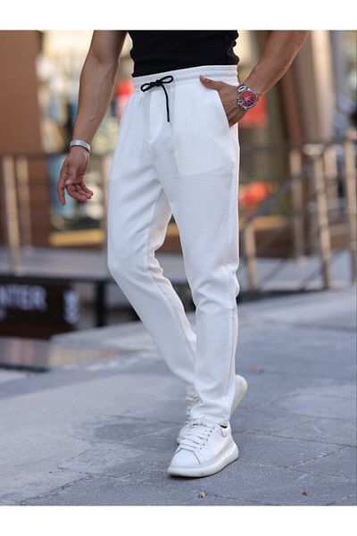 Domoda Ανδρικό λευκό παντελόνι Jogger Slim Fit - ίσιο πόδι, κορδόνι και ελαστική μέση