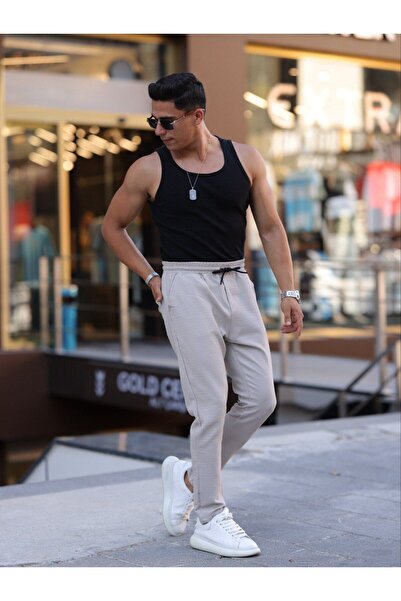 Domoda Μπεζ λεπτή εφαρμογή με κορδόνια, ελαστική μέση ίσιο πόδι, ανδρικό παντελόνι Jogger με υφή