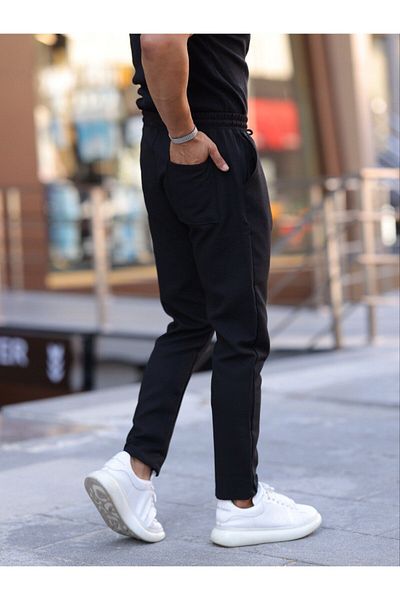 Domoda Μαύρο ανδρικό παντελόνι Jogger - Slim Fit, με κορδόνια και ελαστική μέση