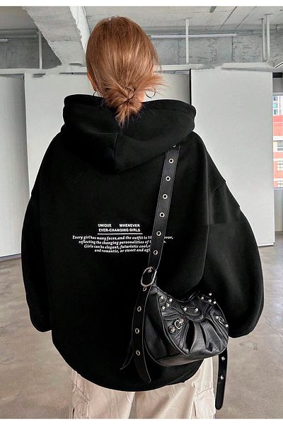 Benisengiydir Black Oversize Hooded Women's Sweatshirt - Unique Printed