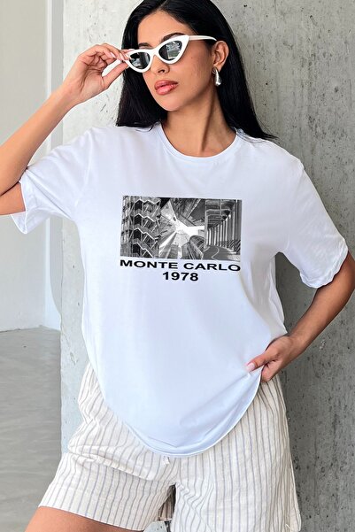 Blah Monte Carlo Štampano Bela Oversize kroj Pamuk Ženska majica - Dizajn veš...