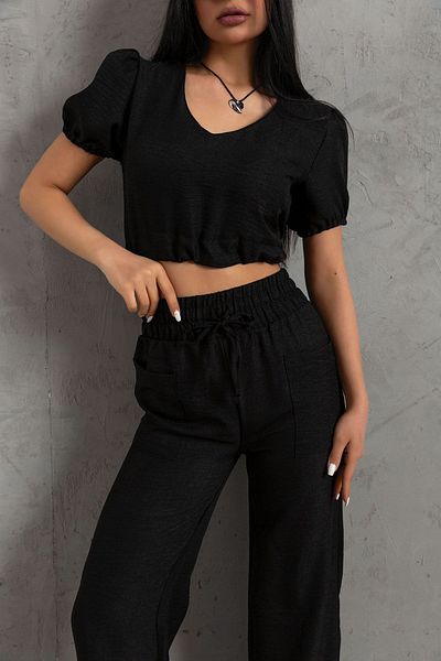 Domoda V-neck Black Blouse and Polyester Wide Leg Pants Set - Freshness @sevill