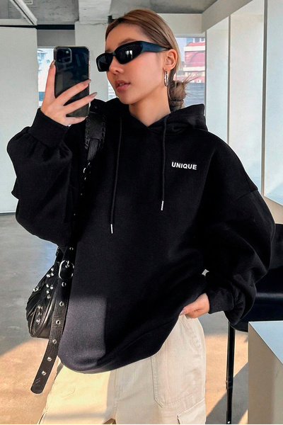 Benisengiydir Black Oversize Hooded Women's Sweatshirt - Unique Printed