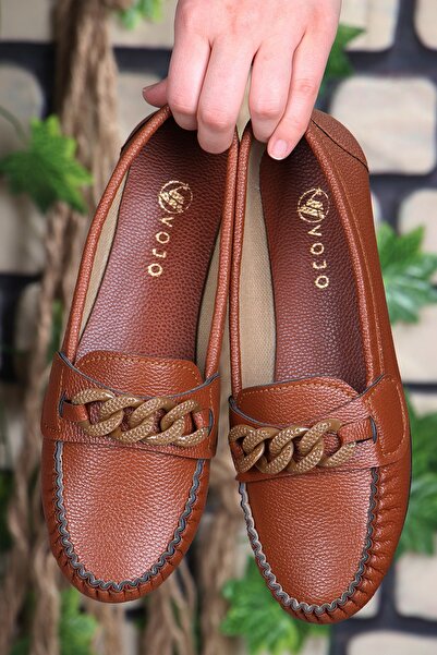 Vojo Chain Ring Detailed Comfortable Sole Skin Casual Shoes Women's Ballerina Mother's Shoes