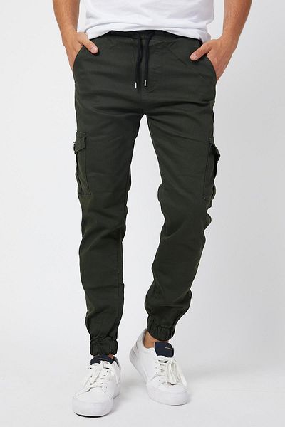 Serseri Khaki Slim Fit Side Pocket Waist Lace up Elasticized Legs Stretchy Fabric Men's Cargo Pants