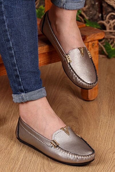 Vojo V Buckle Detailed Comfortable Light Sole Gray Skin Women's Ballerina Daily Shoes