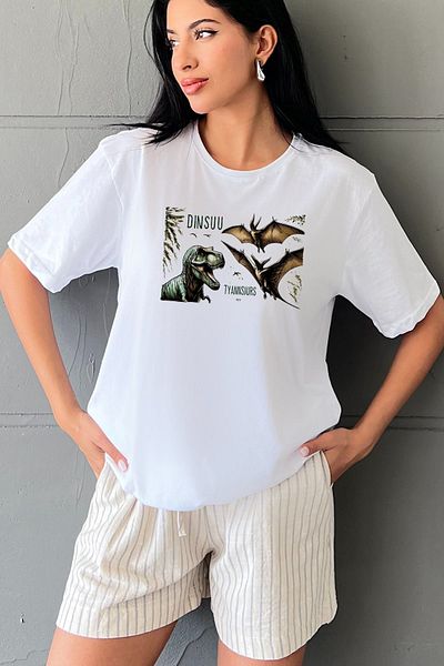 Blah Design ecologic de inteligență artificială - 100% bumbac, alb, imprimat cu dinozaur, tricou supradimensionat pentru femei @xai