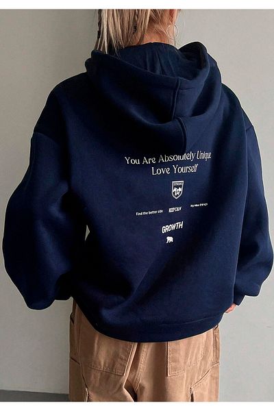 Benisengiydir Navy Blue Oversize Hooded Sweatshirt - Growths Printed