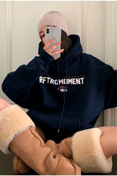 Benisengiydir navy Blue Oversize Hooded Women's Sweatshirt - Rft Printed