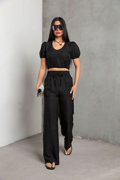Domoda V-neck Black Blouse and Polyester Wide Leg Pants Set - Freshness @sevill