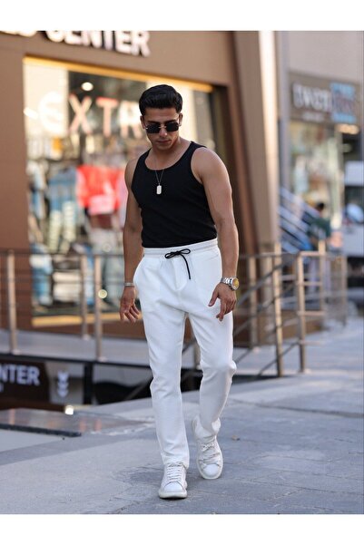 Domoda Férfi Slim Fit fehér kocogónadrág - egyenes szárú, fűzős és elasztikus derékrész