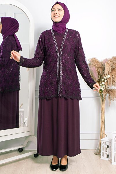 DENİMİNİ Taş Işleme Büyük Beden Tesettür Abiye Mürdüm DNM2309