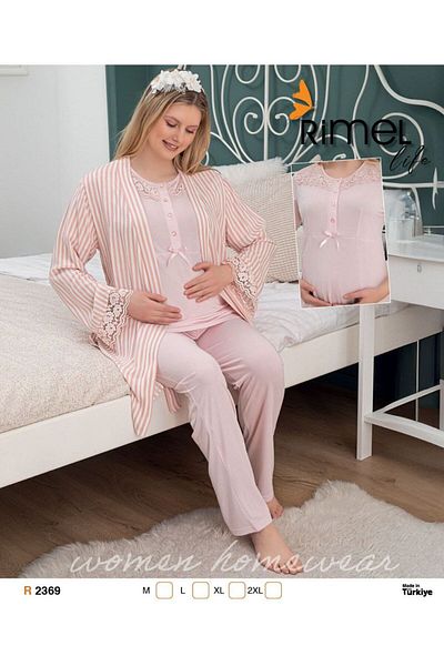 Reyhanlar Rimellife Women's Maternity Combed Cotton Pajamas and Home Wear - Pink Striped, Dressing Gown Set 2369