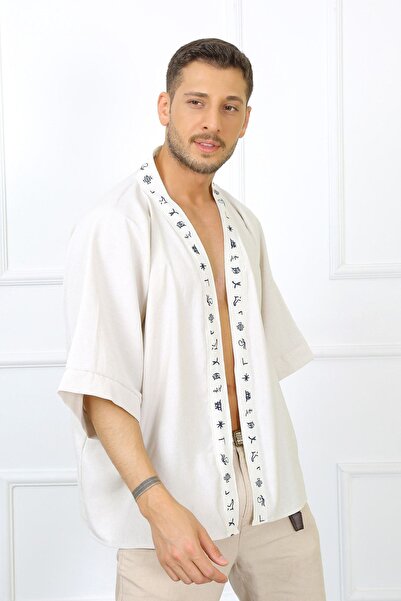 PALMMAMA Men's Japanese Letter Detailed Sailor Symbol Stone Color Linen Kimono with Accessories