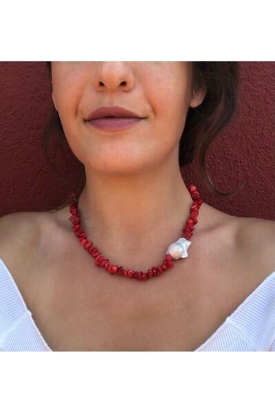 babel Barok İnci Detaylı Kırmızı Dal Mercan Kolye