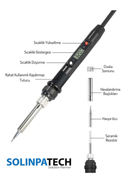 SolinpaTech 80w Lcd Ekranlı Isı Ayarlı Kalem Havya Sıcaklık Ayarlanabilir Lehim Makinesi Pompa Cımbız Seti